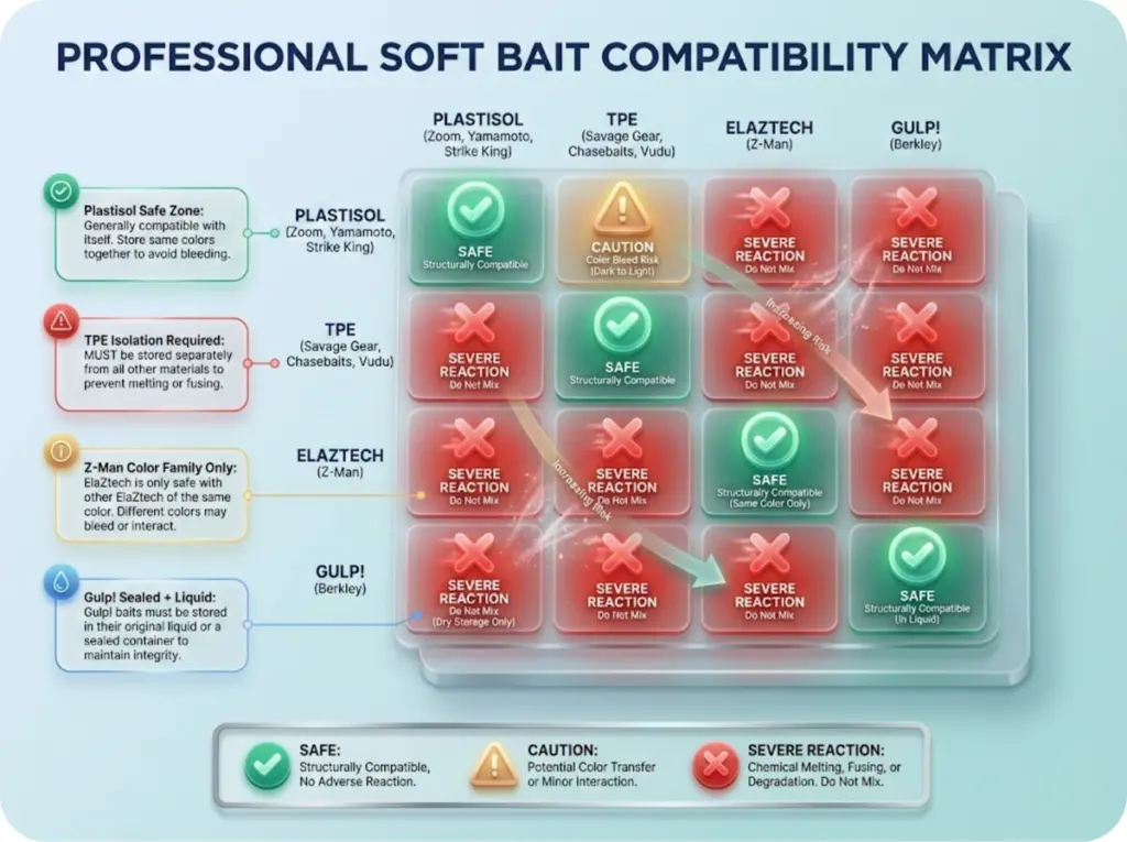 Color-coded compatibility matrix showing safe and unsafe soft plastic bait storage combinations across Plastisol, TPE, ElaZtech, and Gulp! brands.