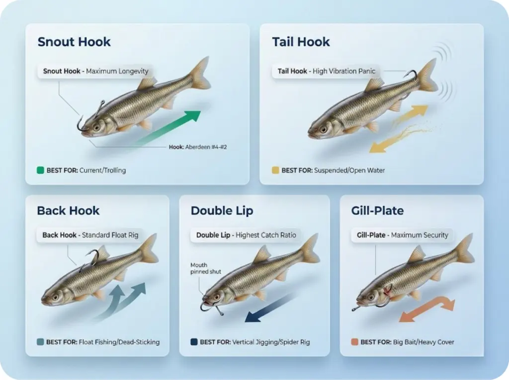 Anatomical diagram showing five minnow hook placement methods with entry/exit points, swimming direction, and best-use scenarios for each technique.