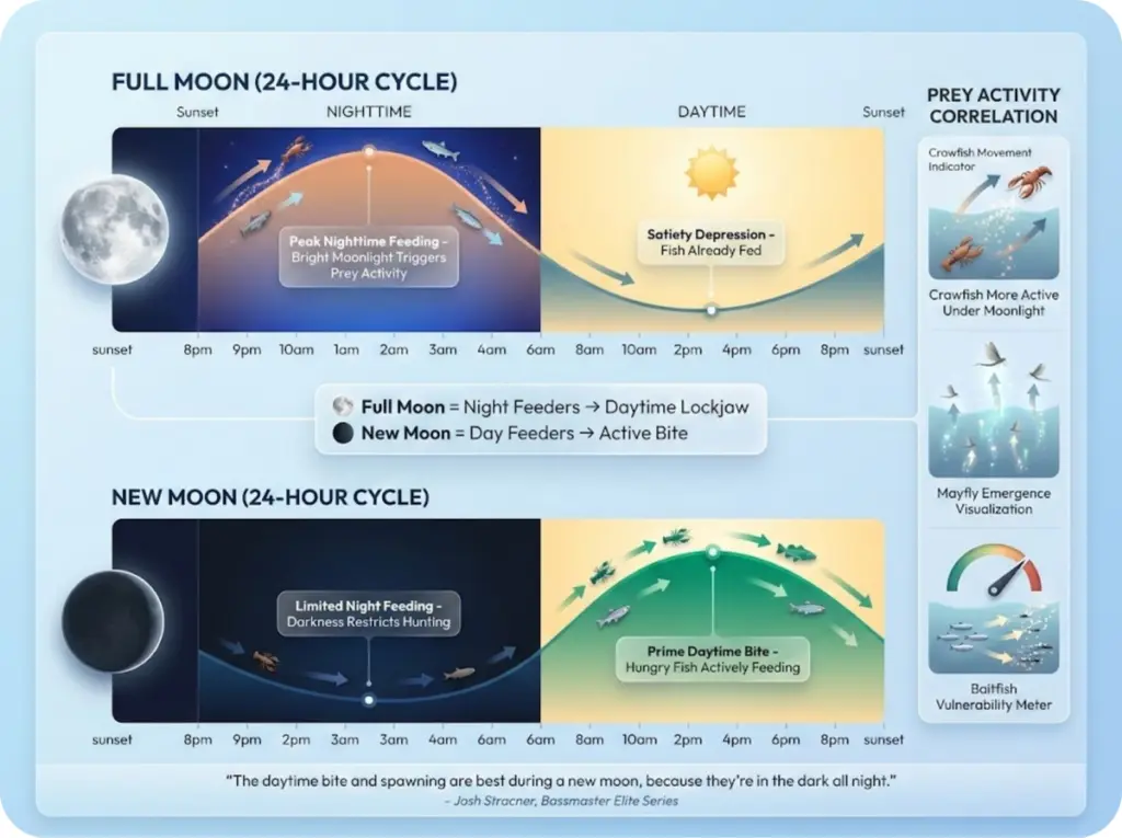 24-hour fish activity comparison showing feeding patterns during full moon versus new moon with nighttime feeding spike and daytime depression illustrated.