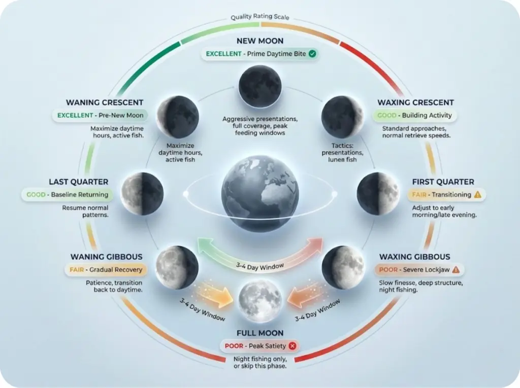 Complete moon phase wheel showing all eight lunar phases with fishing quality ratings and optimal tactics for each phase position.