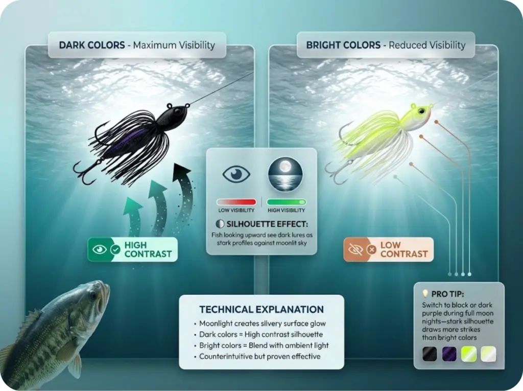 Fish's point-of-view comparison showing how dark versus bright lures appear when silhouetted against a moonlit water surface.
