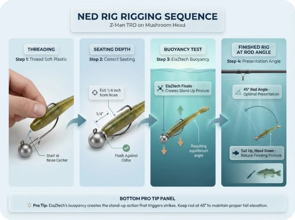 4-step visual guide showing proper Ned Rig rigging technique from threading Z-Man TRD onto mushroom head through finished presentation at correct rod angle.