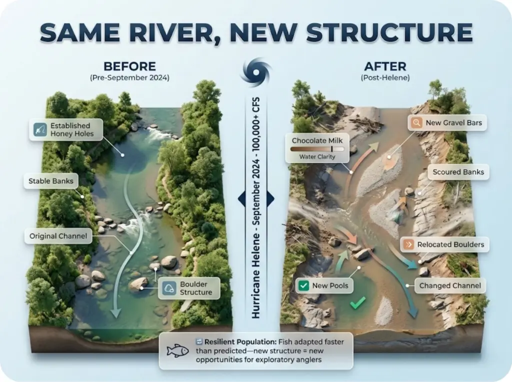 Before and after comparison of Nolichucky River showing Hurricane Helene's impact with scoured banks, new gravel bars, and restructured channel.