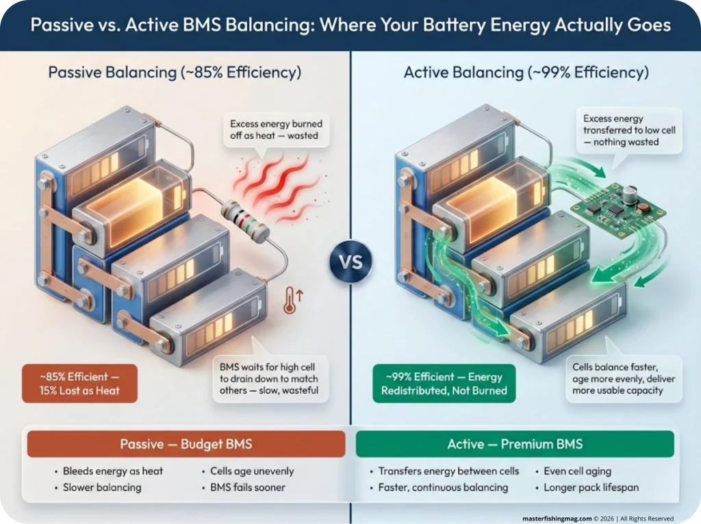 Split diagram comparing passive BMS balancing with resistor heat waste versus active BMS balancing with energy transfer between lithium cells, showing 85% vs 99% efficiency callout.