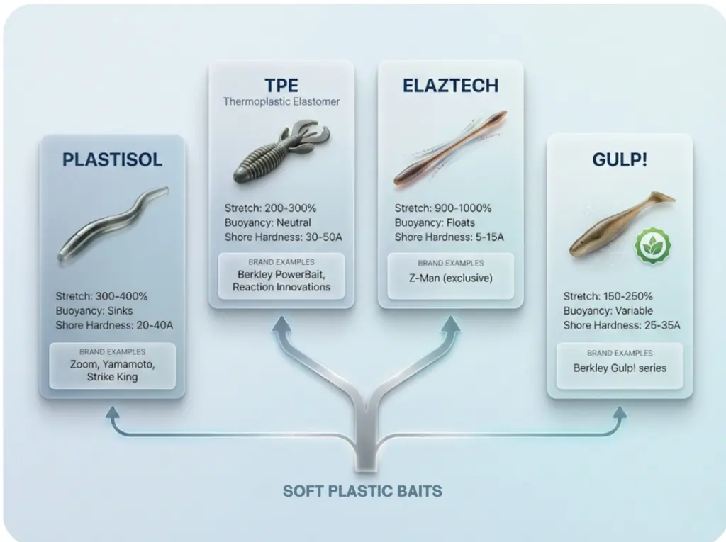 Educational infographic showing the four soft plastic bait material types—Plastisol, TPE, ElaZtech, and Gulp!—with technical specifications and brand examples.