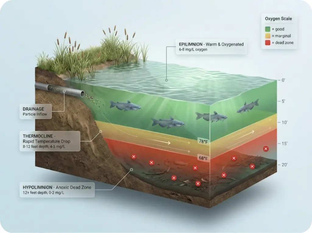 Cross-section diagram of summer pond thermal stratification showing three distinct water layers with color-coded oxygen levels and channel catfish positioned only in oxygenated green zones above the thermocline.