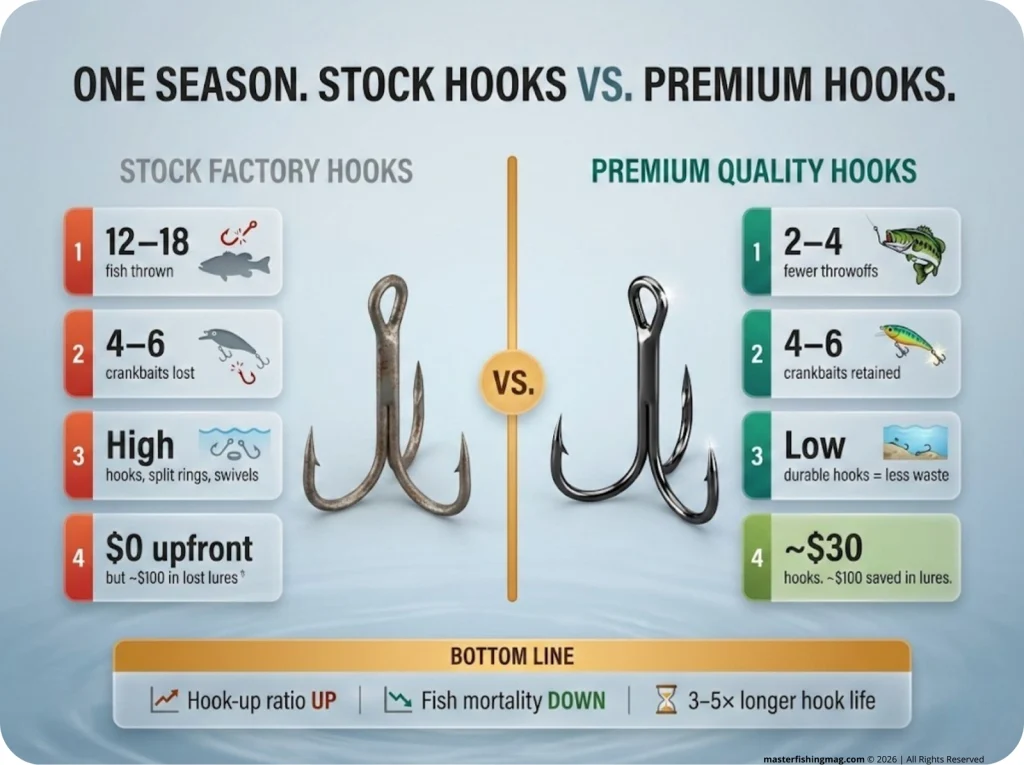 Environmental and cost comparison infographic of factory vs. premium crankbait hooks over a season, showing fish lost, lures lost, tackle waste, and cost savings data.