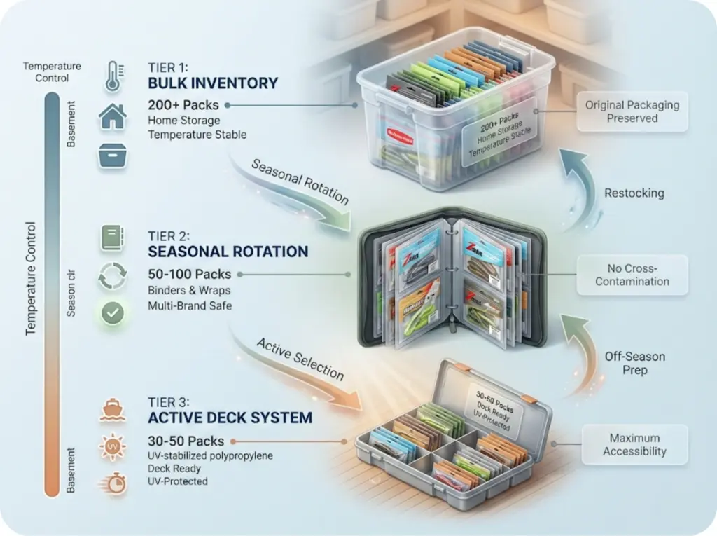 Three-tier soft plastic bait storage system showing bulk inventory, seasonal rotation, and active deck organization with capacity and container specifications.