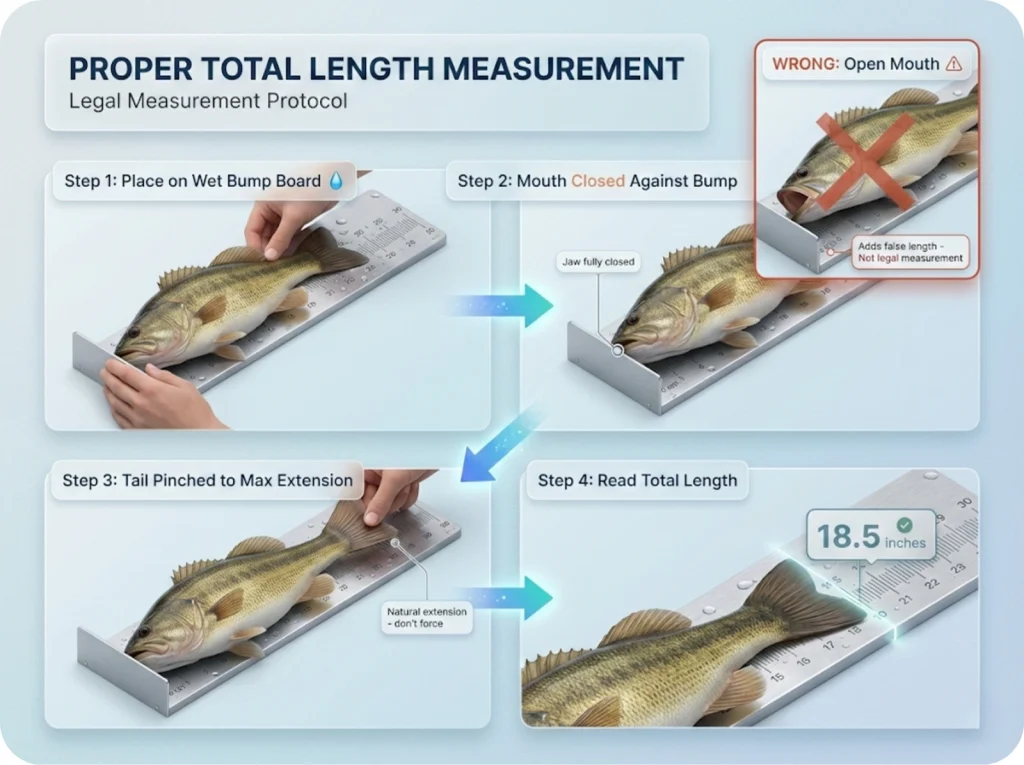 Step-by-step visual guide showing proper total length fish measurement technique on bump board, with incorrect open-mouth method marked as wrong.