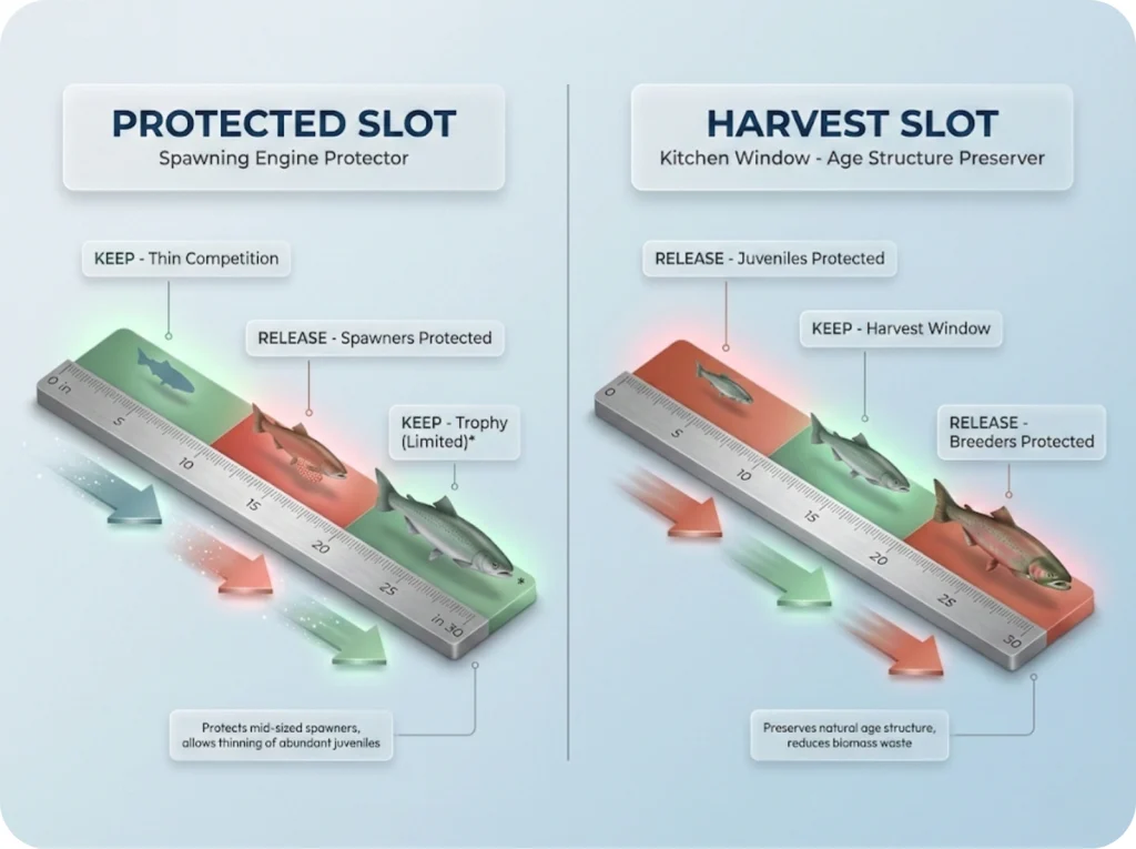 Side-by-side comparison diagram showing Protected Slot limits versus Harvest Slot "Kitchen Window" regulations, with color-coded keep and release zones.