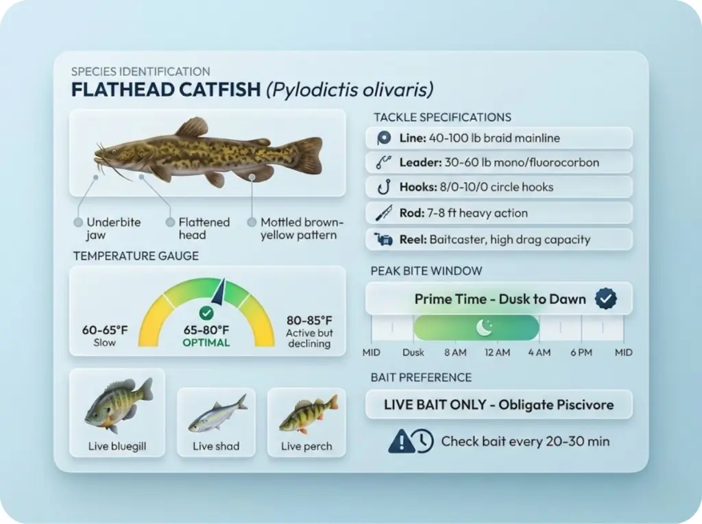 Flathead catfish quick-reference card showing species silhouette, ideal temperature range, tackle specifications, and peak bite window for field use.