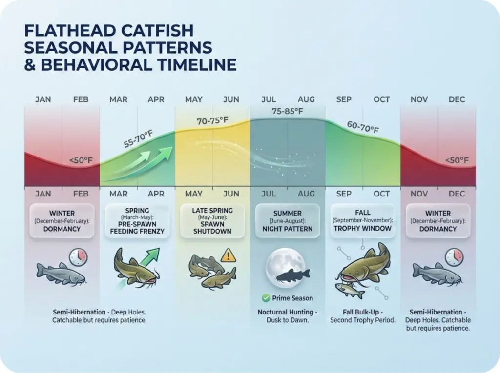 Horizontal seasonal timeline showing flathead catfish water temperature ranges, feeding patterns, and behavior across months from spring through winter.