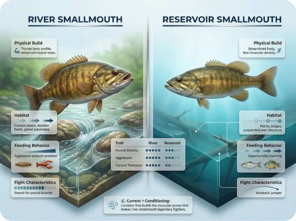 Split-screen comparison infographic showing physical differences, habitat preferences, and feeding behaviors between river smallmouth bass and reservoir smallmouth bass.