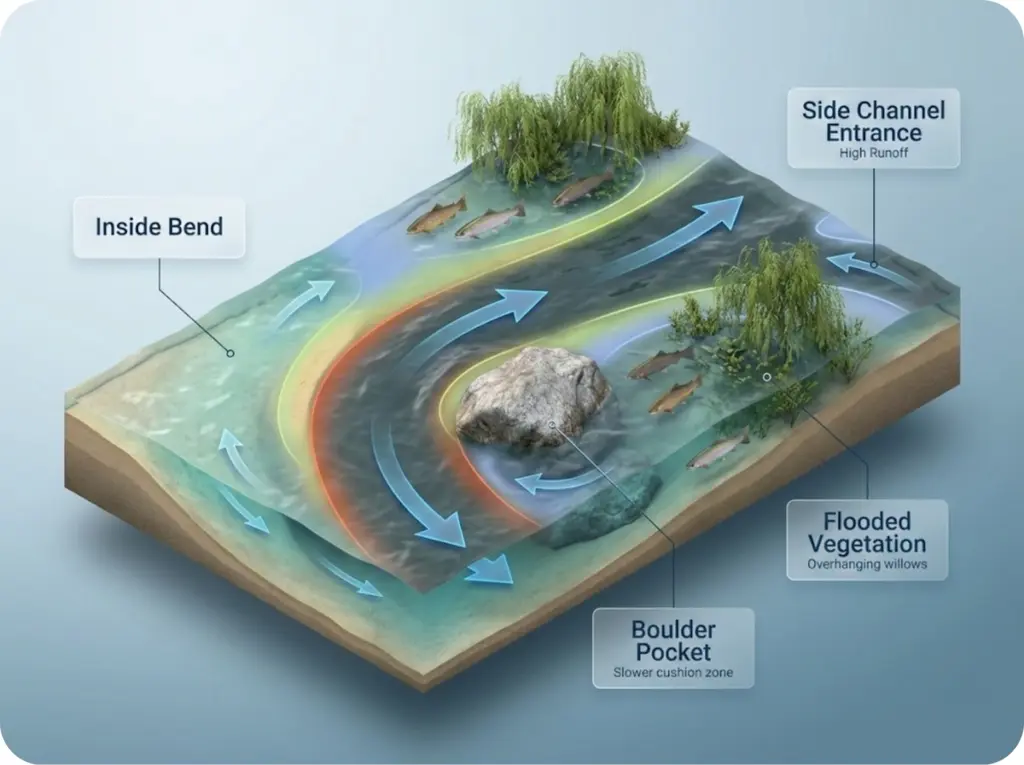 Cross-section river diagram showing soft-water breaks during runoff with fish holding positions at inside bends, boulder pockets, flooded vegetation, and side channel entrances.