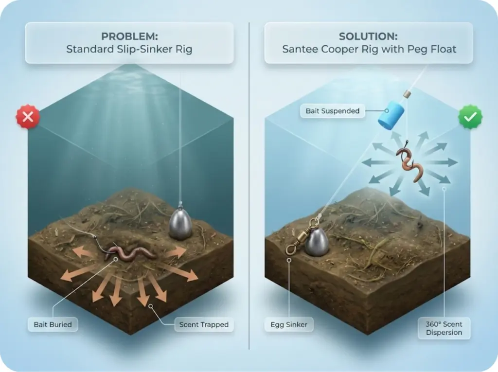 Side-by-side comparison showing how standard slip-sinker rigs bury bait in pond muck versus Santee Cooper rigs with peg floats that suspend bait above sediment for 360-degree scent dispersion.
