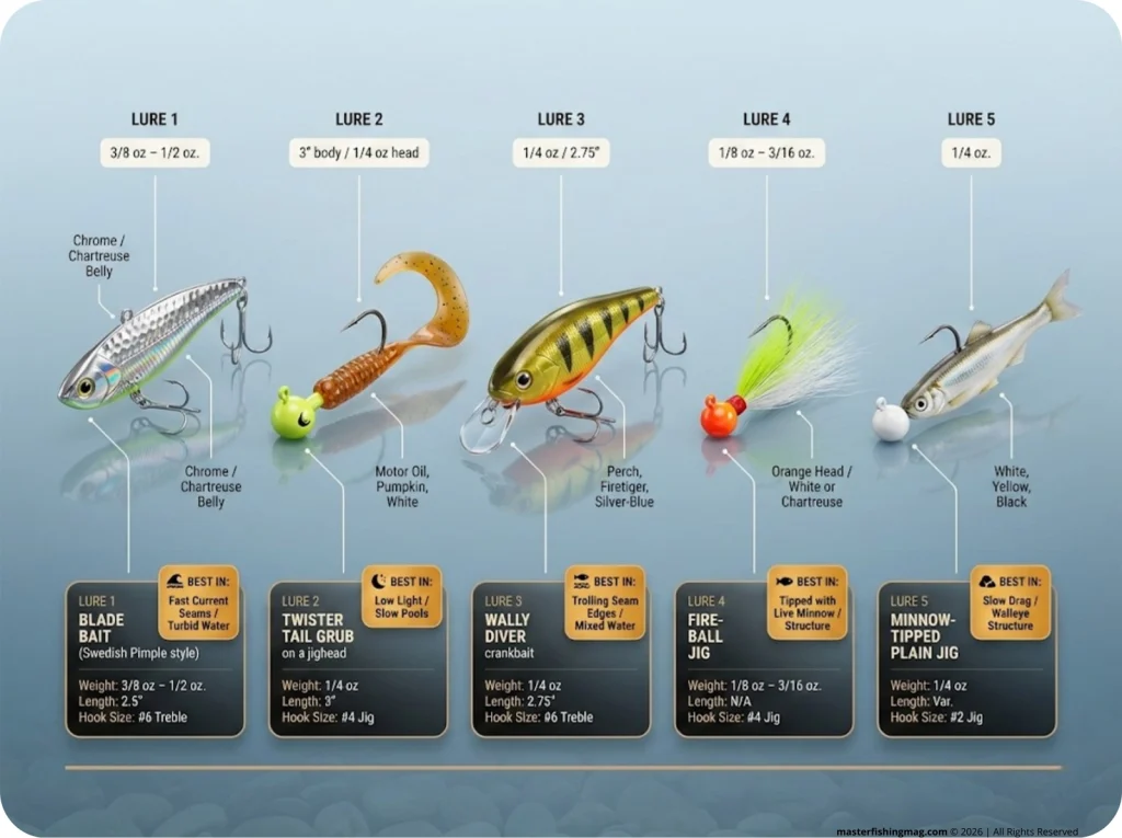 Labeled infographic lineup of 5 top sauger lures — blade bait, twister tail grub, Wally Diver, Fire-Ball jig, and minnow jig — with size, weight, color, and best-condition tags annotated.