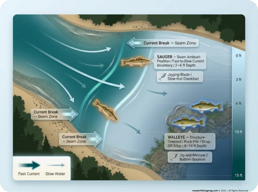 Top-down river infographic showing current seam lines, labeled sauger hold zones vs. walleye positions, depth indicators, and lure placement suggestions.