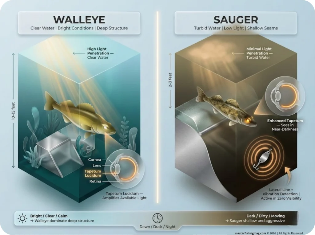 Split-panel underwater infographic comparing light penetration in clear walleye water vs. turbid sauger water, with tapetum lucidum eye cross-section and lure vibration wave diagrams.