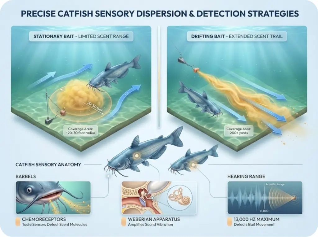 Split-view underwater illustration comparing scent cone geometry between stationary bait and drifting bait with catfish sensory anatomy labeled.