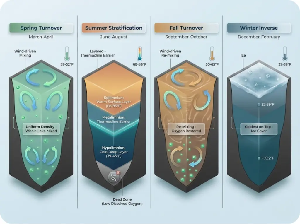 Four-panel infographic showing annual lake temperature cycle: spring turnover, summer stratification, fall turnover, and winter inverse stratification with cross-section views.