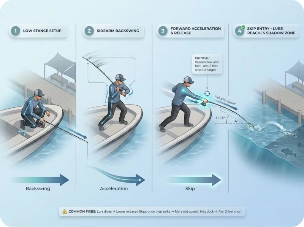 Four-frame sequence demonstrating skip-cast technique progression from low stance setup through sidearm release to lure skipping under dock shadow.