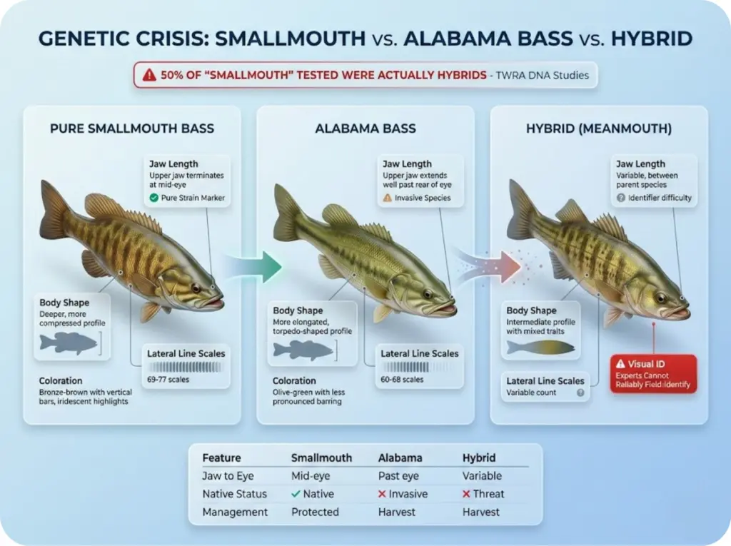 Side-by-side anatomical comparison of smallmouth bass, Alabama bass, and hybrid meanmouth showing jaw length, body shape, and lateral line scale differences.