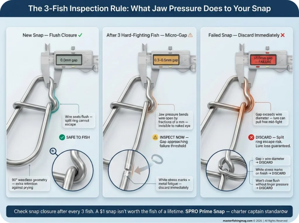 Three-shot macro infographic showing a fishing snap progressing from flush new closure to micro-gap after use to failed open gap where a split ring could escape, with millimeter measurement overlays.