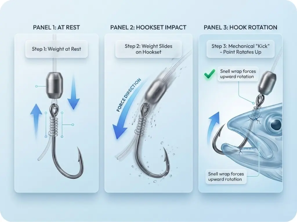 Cross-section diagram showing Snell knot hookset mechanics in three panels: weight at rest, weight sliding on hookset, and hook point rotating upward.