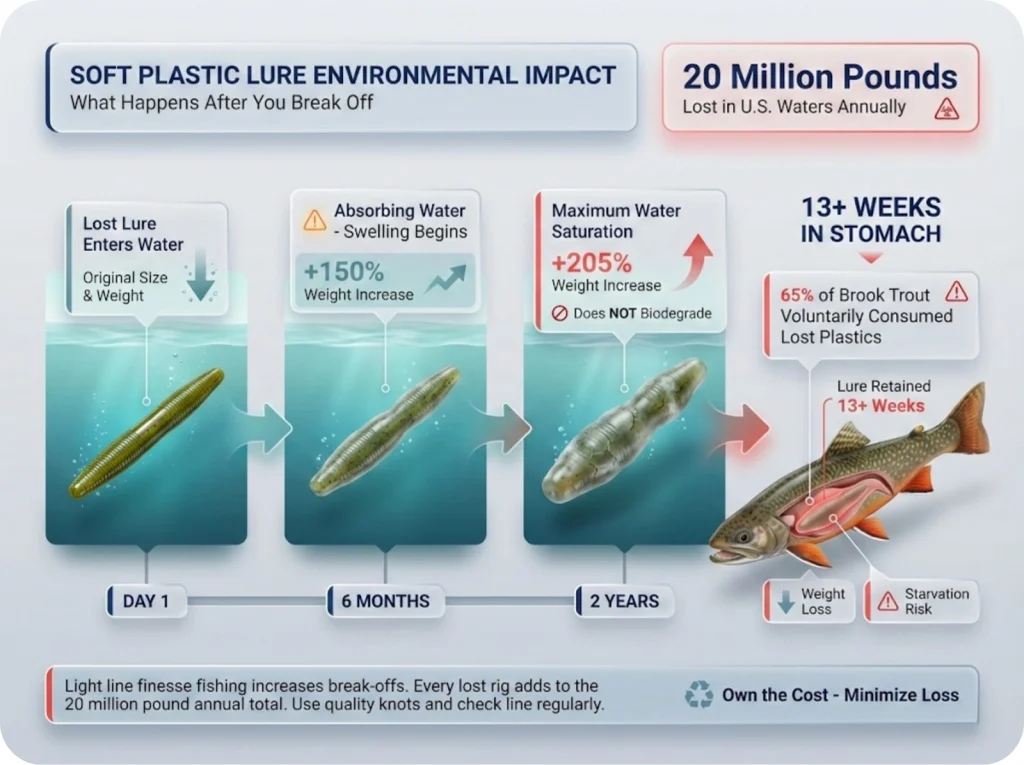 Environmental impact timeline showing soft plastic lure degradation from initial loss through 205% weight increase and 13+ weeks retention in fish stomach with brook trout illustration.