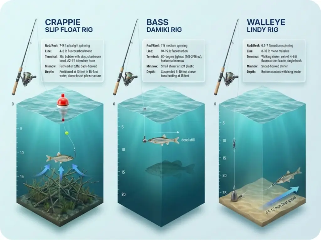 Side-by-side comparison of crappie slip float, bass free-line/Damiki, and walleye Lindy rig setups with complete specifications and depth positioning.