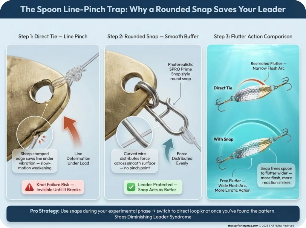 Three-panel macro infographic showing monofilament pinched against a sharp spoon eyelet, the same spoon rigged with a rounded snap showing smooth line contact, and the flutter action difference with a snap versus direct tie.