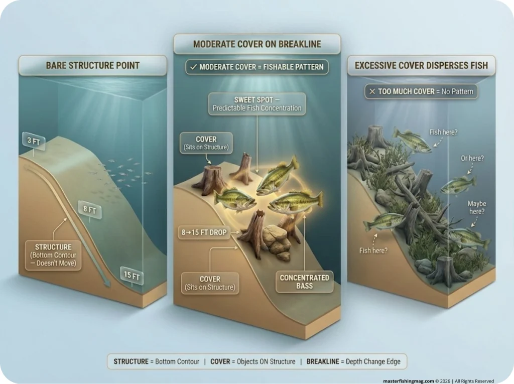 Annotated cross-section infographic comparing bare structure, moderate cover sweet spot, and excessive cover fish dispersion on a bass breakline with depth labels.