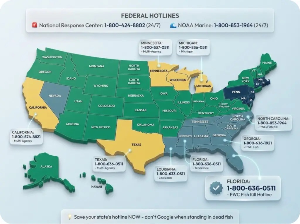 U.S. regional map showing fish kill reporting hotlines color-coded by agency type with highlighted numbers for top fishing states.