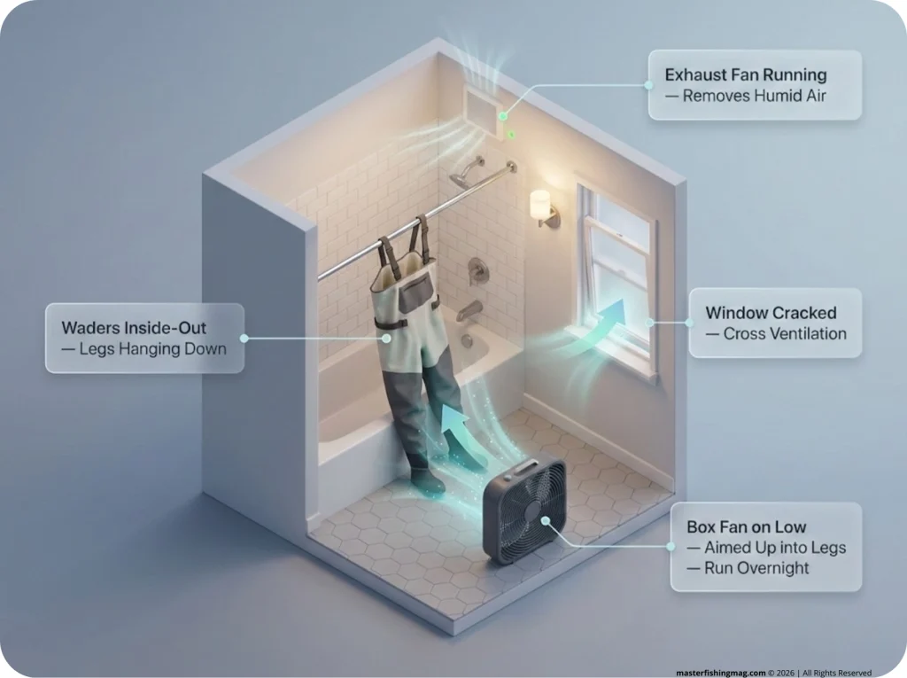 Overhead bathroom diagram showing waders hung inside-out on shower rod, box fan pointing up into legs, exhaust vent running, and window cracked for airflow — labeled drying setup.