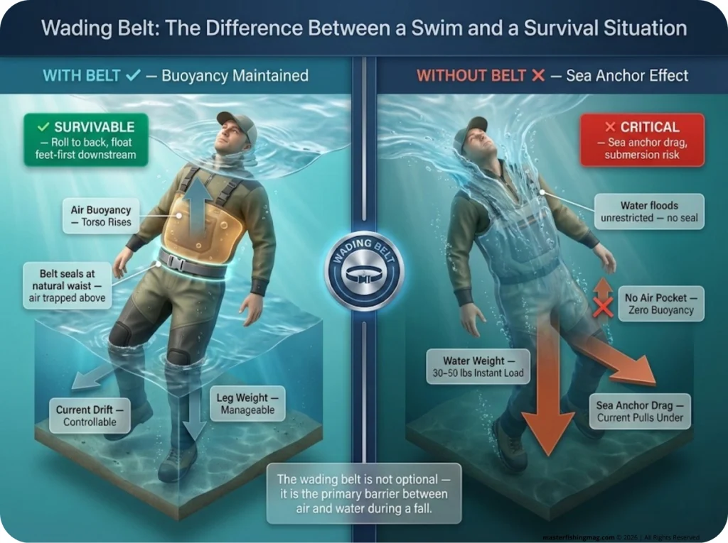 Two-panel wader safety infographic comparing a fall with wading belt cinched showing air buoyancy vs. a fall without belt showing water flooding and sea anchor drag, with force arrows and survival outcome labels.