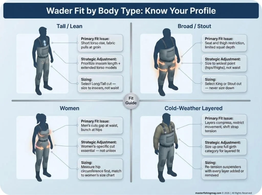 Four-quadrant wader fit guide infographic showing primary fit issues, strategic adjustments, and sizing recommendations for Tall/Lean, Broad/Stout, Women, and Cold-Weather Layered body types.