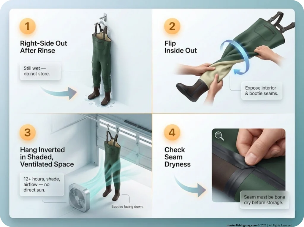 4-panel step-by-step infographic showing wader drying process: dripping right-side out, turning inside out, hanging inverted with fan, and checking bootie seams for dryness.
