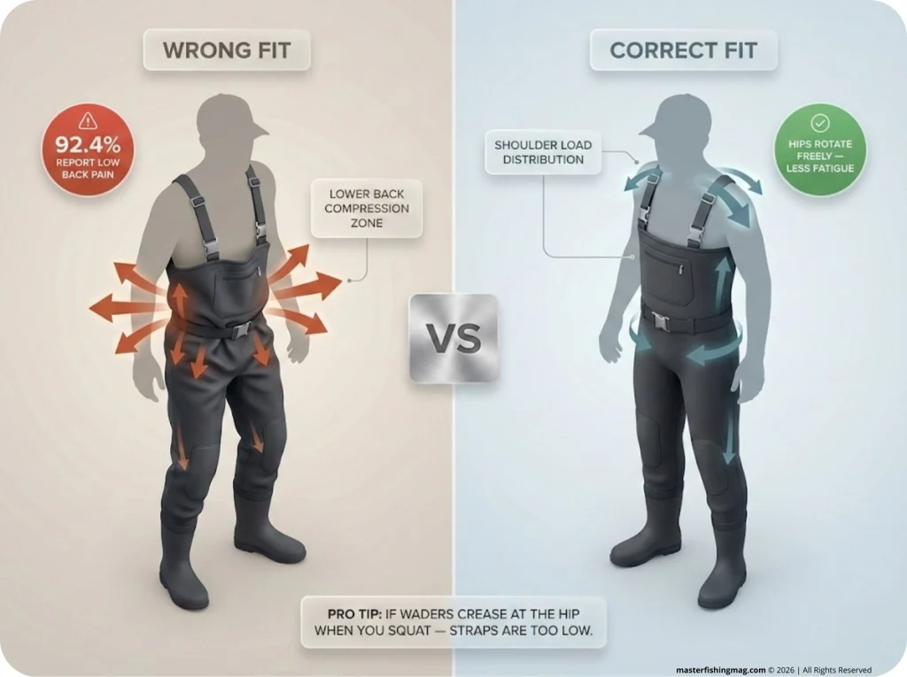 Split-view infographic comparing sagging low-strap wader fit vs. correct high-chest wader fit, with annotated stress vectors and load distribution zones for anglers.