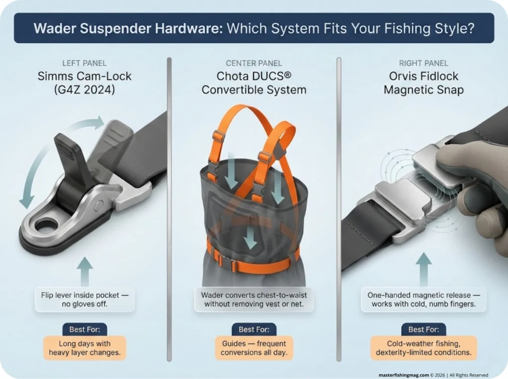 Three-panel infographic comparing Simms Cam-Lock, Chota DUCS suspender harness, and Orvis Fidlock magnetic snap wader adjustment systems with Best For labels.