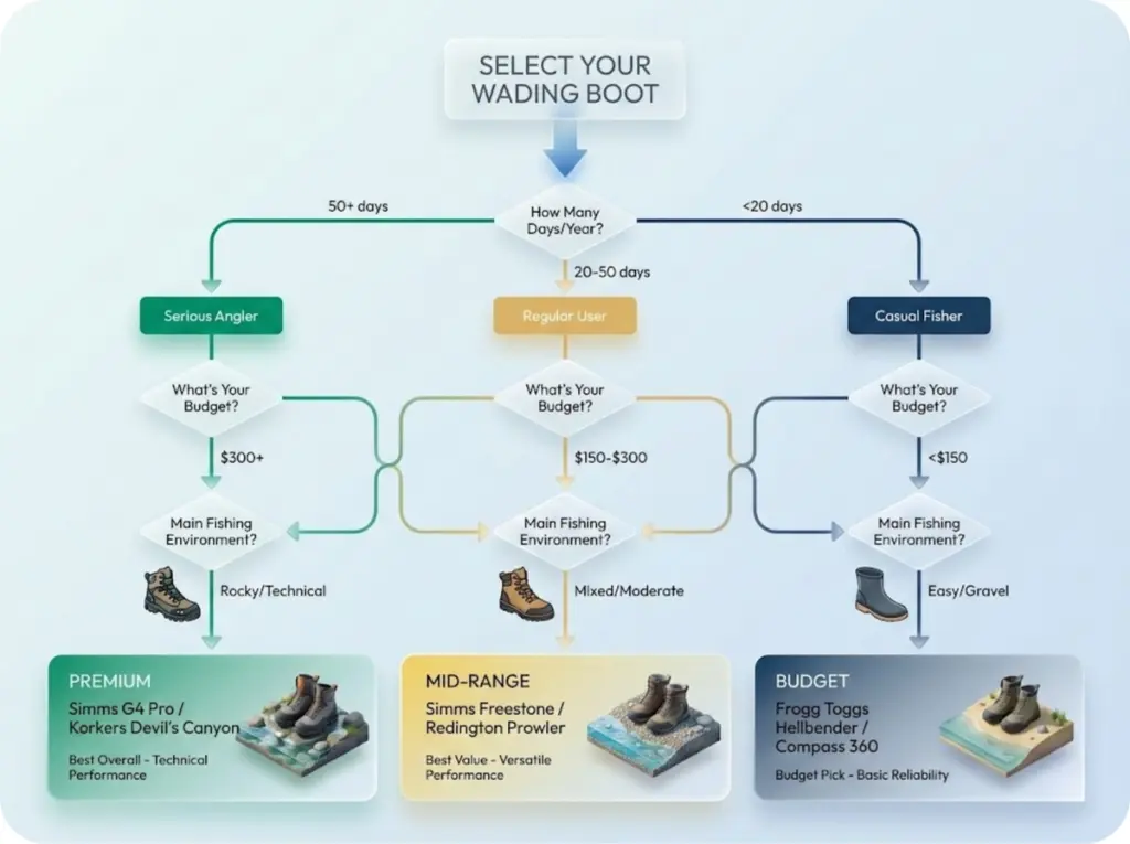 Decision flowchart guiding users from fishing frequency and budget to recommended wading boot category based on terrain type.
