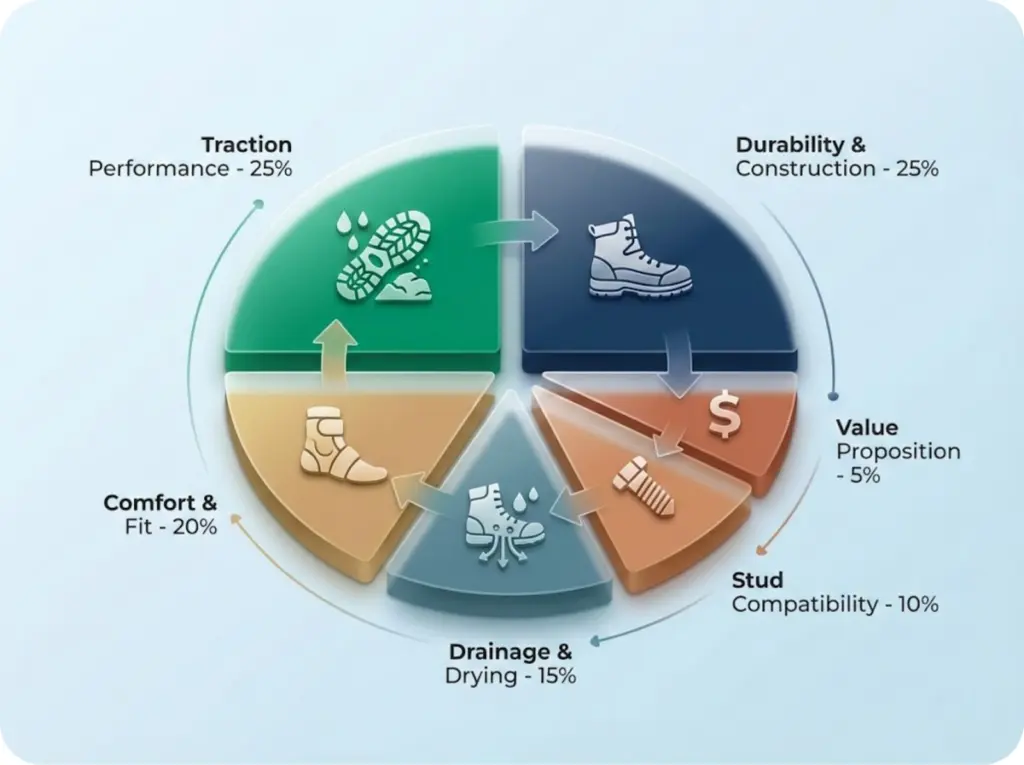 Scoring criteria wheel showing six weighted categories for wading boot evaluation with visual comparison bars across tested boots.