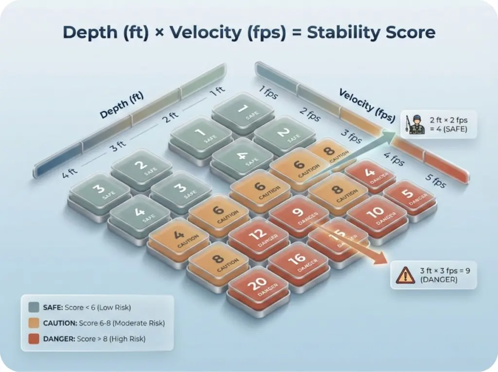 Wading stability calculator matrix showing depth times velocity equals stability score, with color-coded safety zones for green safe, yellow caution, and red danger conditions.