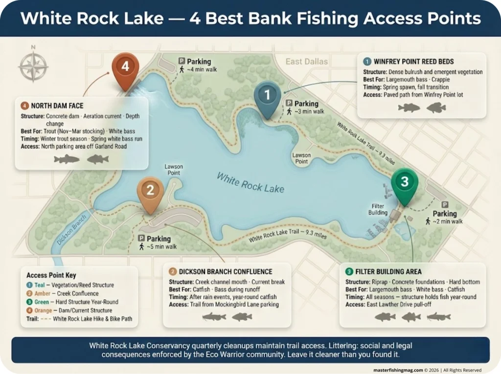 Annotated illustrated map of White Rock Lake Dallas highlighting four bank fishing access points — Winfrey Point reed beds, Dickson Branch confluence, Filter Building area, and north dam face — with walking path indicators and species icons.