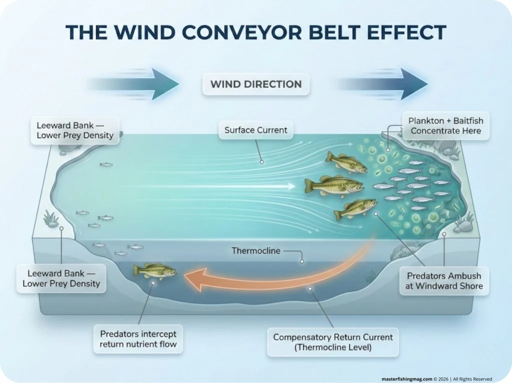 Top-down lake diagram showing wind-driven conveyor belt effect: surface current pushing plankton and baitfish to windward shore, predator fish ambushing at the windward bank, and a reverse thermocline current flowing back to the leeward side.