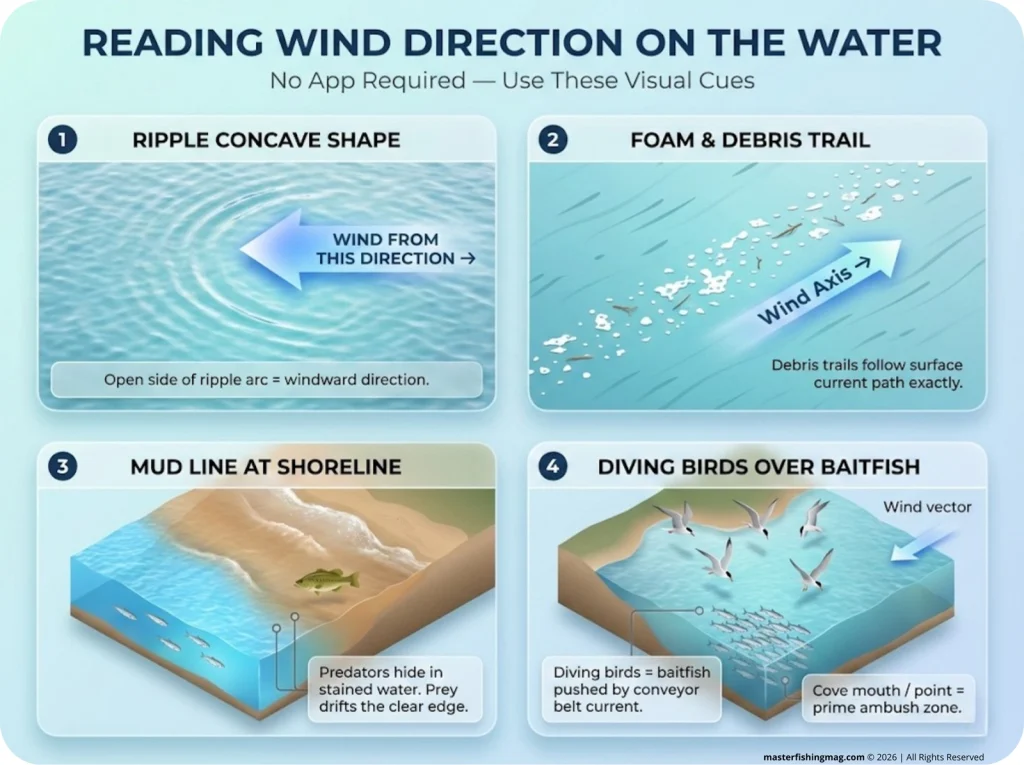 Four-panel fishing infographic showing on-water wind direction cues: ripple concave shape pointing windward, foam and debris trail aligned with wind axis, mud line at windward shoreline, and diving birds over baitfish concentration.