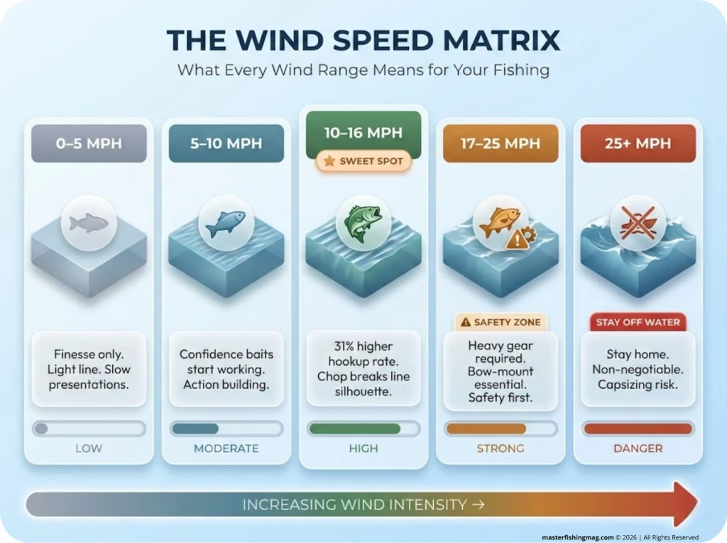 Horizontal wind speed matrix infographic for anglers showing five categories from 0–5 mph to 25+ mph, color-coded from gray to red, with fish activity icons and one-line fishing strategy per speed range.