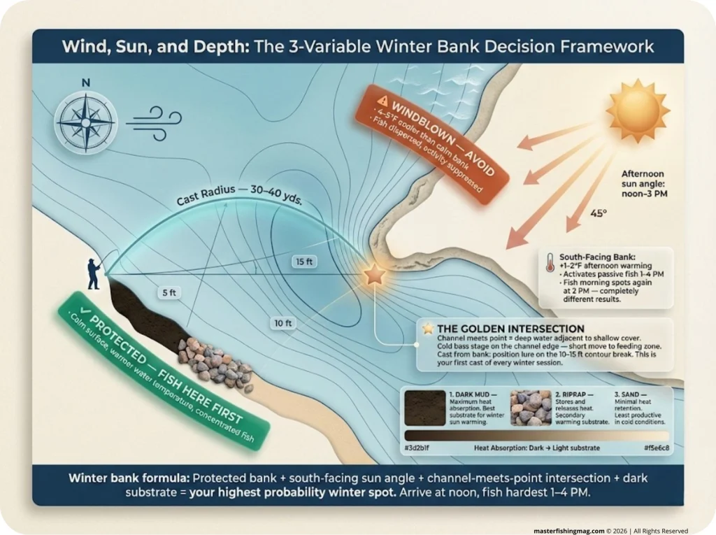 Overhead illustrated lake map showing a channel swing with 5, 10, and 15 foot depth contours, a Golden Intersection callout where the channel meets a point, casting arc from the bank, sun angle arrows for afternoon warming, wind direction with Avoid labels on windblown banks, and substrate heat absorption ranking for dark mud, riprap, and sand.