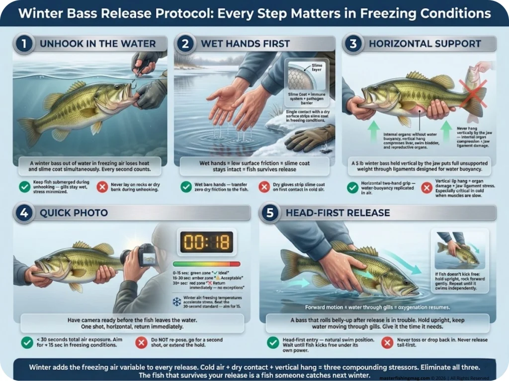 Five-panel winter bass catch and release protocol infographic showing underwater unhooking, wet hands before contact, horizontal two-hand support grip, quick photo with under 30 second timer, and head-first release back into the water.