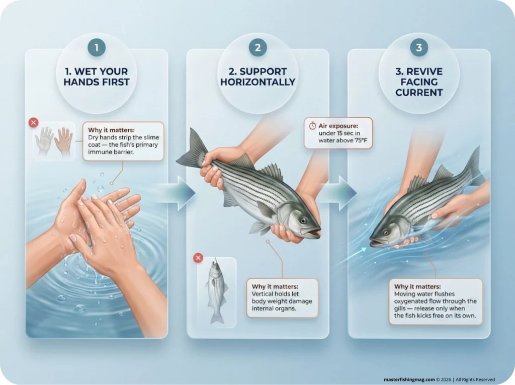 Three-frame instructional sequence showing proper hybrid striped bass handling: wetting hands before contact, horizontal body support with jaw grip, and revival position facing into current.