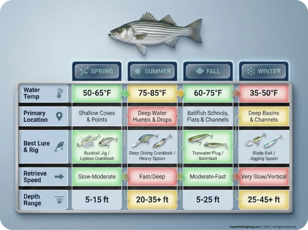 Seasonal comparison infographic for hybrid striped bass fishing showing water temp, location, best lures, retrieve speed, and depth range across all four seasons.